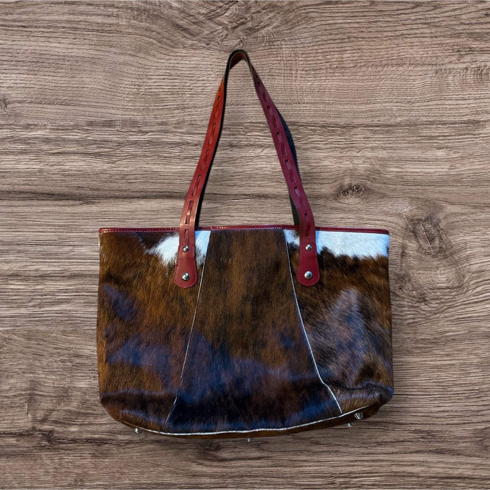 Brown and White Real fur Leather Tote Bag